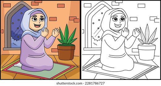 Niña musulmana de Ramadán orando Ilustración de color