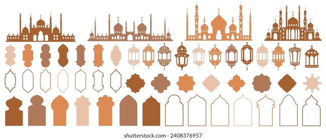 Formas vectoriales musulmanas de Ramadán establecidas. Los marcos de las ventanas de la mezquita islámica y las siluetas de linternas. Diseño de plantilla de arco tradicional para la decoración. Elementos mínimos orientales