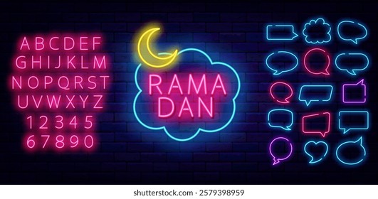 Ramadan neon label with crescent moon. Speech bubbles frames set. Ramadan holiday. Vector stock illustration