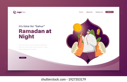 Ramadan at night activity, Call for wake up and Sahur or eating food early for ramadan illustration concept on landing page