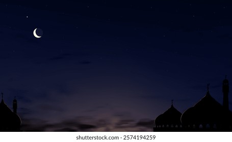 Ramadan Night background,Mosque dome silhouette on dusk sky with crescent moon,star,Banner sunset sky background for  islamic religion for Eid al-Adha,Eid Mubarak,Eid al fitr,Ramadan Kareem,Muharram