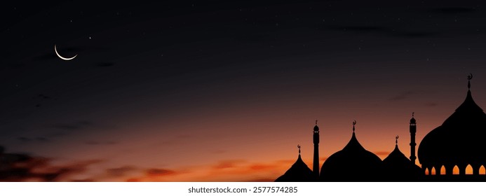 Ramadan Night background,Mosque dome silhouette on dusk sky with crescent moon,star,Banner sunset sky background for islamic religion for Eid al-Adha,Eid Mubarak,Eid al fitr,Ramadan Kareem,Muharram