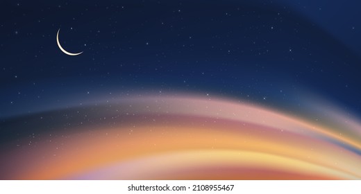 Ramadan Night with Crescent moon on dark blue sky background,Vector Vertical banner Dramatic Sunset with Twilight dusk sky,Islamic religion for Ramadan Kareem,Eid al-Adha, Eid Mubarak, Eid al fitr