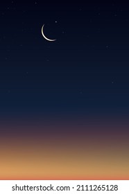 Ramadan Night with Crescent moon on dark blue sky background,Vector Vertical banner Dramtic Suset with Twilight dusk sky,Islamic religion for Ramadan Kareem celebration, Eid al-Adha,Eid Mubarak 