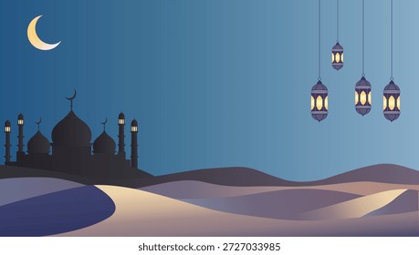 Ramadan Nachtwüste Landschaft mit Moschee und Laternen für Eid, Ramadan und islamisches Design. 