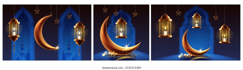 Noche de Ramadán con linterna brillante y velas. Vector de estrellas brillantes y luna creciente. Elementos espirituales y festivos. Oración y celebración durante el mes sagrado. Tarjetas de felicitación y decoraciones