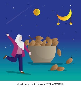 Ramadan Night Illustration Concept, Palm Dates, Night Vector Illustration, Muslim Girl Cartoon Icon