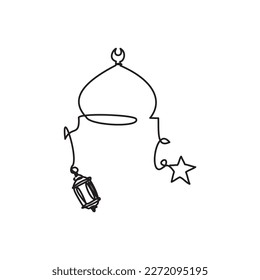 Arte de la Línea Nocturna de Ramadán - Icono de Eid. Un dibujo continuo de la Mezquita Domo, Estrella y Linterna. Ilustración vectorial del ornamento de la Mezquita Domo para ícono, símbolo, logo Ramadán, Tarawih y Eid.