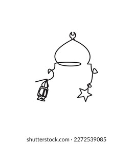 Ramadan Night Line Art - Eid Icon. One continuous line drawing of Islamic Mosque Dome, Star and Lantern. Vector illustration of Mosque Dome ornamament for icon, symbol, logo Ramadhan, Tarawih and Eid.