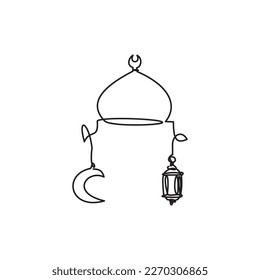 Línea nocturna de Ramadán - Icono de Eid. Dibujo de una sola línea de la Mezquita Domo y luna creciente - Linterna. Ilustración vectorial del nombre de la Mezquita Domo para icono, símbolo, logotipo ramadan, tarawih y eid. 