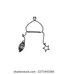 Ramadan Night Line - Eid Icon. Eine durchgehende Zeichnung von Moschee Dome, Star und Lantern. Vektorgrafik der Moschee Dome Ornament für Symbol, Symbol, Logo Ramadhan, Tarawih und Eid. Der Islam spricht.