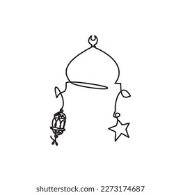 Ramadan Night Line - Eid Icon. Simple continuous line drawing of Mosque Dome, Star and Lantern. Vector illustration of Mosque Dome ornamament for icon, symbol, logo Ramadhan, Tarawih and Eid.