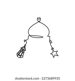 Ramadan Night Line - Eid Icon. One continuous line drawing of Dome Mosque, Star and Lantern. Vector illustration of Mosque Dome ornamament for icon, symbol, logo Ramadhan Kariem, and Eid Mubarak.