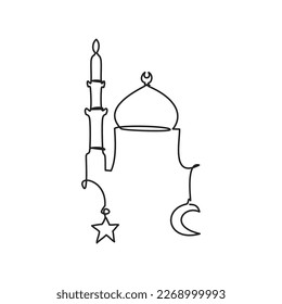 Ramadan Night Line Icon. Eid Symbol. One line drawing of minaret and dome with crescent and star ornament.
Vector illustration of mosque ornament for icon, symbol, logo, ramadhan, eid, hajj, umrah. 