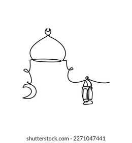 Icono de la línea nocturna de Ramadán. Dibujo de línea simple de la Mezquita Domo y luna creciente - Linterna. Ilustración vectorial de la línea de nombres de la Mezquita Domo para ícono, símbolo, logo ramadan, tarawih, eid, hajj, umrah. 