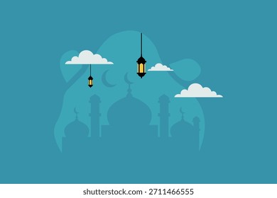 Ilustración de la mezquita de la noche de Ramadán - Fondo islámico plano con linternas