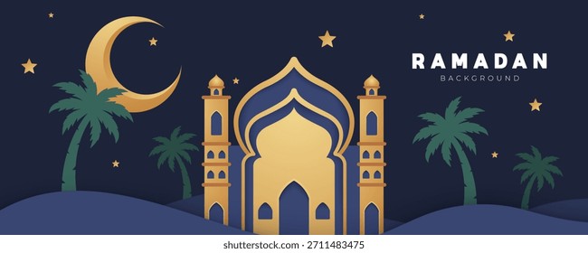 Ramadan Nacht Moschee Landschaft mit Mond und Silhouette Bäume