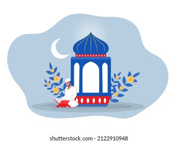 Ramadan night  with Muslim  Female character sitting on her knees, pray ,asking God for help. Faith, religion, trouble conceptvector