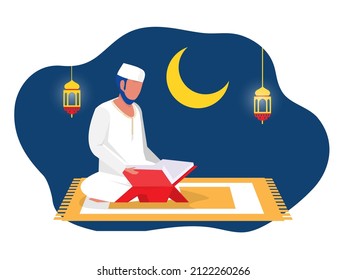 Ramadan night  with Muslim man reading al Quran the holy book of Islam flat illustration  mosque arch background traditional hanging lantern light ornament vector