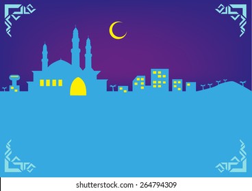 Ramadan Night with a Nice Islamic Style Frame, Crescent Moon symbol and Mosque architecture figure within a modern city. Editable EPS10 Vector and jpg illustration.  