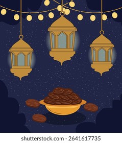 Ramadan Night Scene with Crescent Moon, Star, and Lanterns