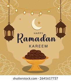 Ramadan Night Scene with Crescent Moon, Star, and Lanterns