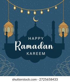 Cena noturna do Ramadã com lua crescente, estrela e lanternas