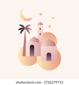 Cena Noite de Ramadã com Mesquita Arquitetura Crescent Moon Palm Tree e Soft Gradient Shapes.