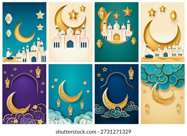 Ramadan night set in paper cut style. Vector mosque domes and crescent moon, clouds and stars, glowing lanterns and person praying. Traditional Islamic elements. Greeting cards and festive decoration