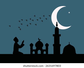 Ramadan Night Silhouette of Mosque, Crescent Moon, and Praying Figure
