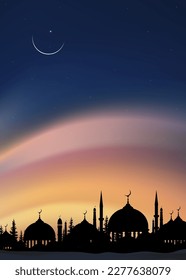 Ramadan Night Sky with Crescent moon and Mosques dome on Millky Sky background,Vector Vertical banner twilight dusk sky,Islamic religion for Ramadan Kareem, Eid al-Adha,Eid Mubarak,Eid al firt