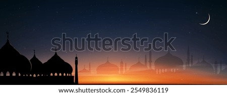 Ramadan Night Sky with Star,Islamic card with Mosques dome,Crescent moon on twilight dusk sky for Islamic religion,Eid al-Adha,Eid Mubarak,Eid al fitr,Ramadan Kareem,Muharram 