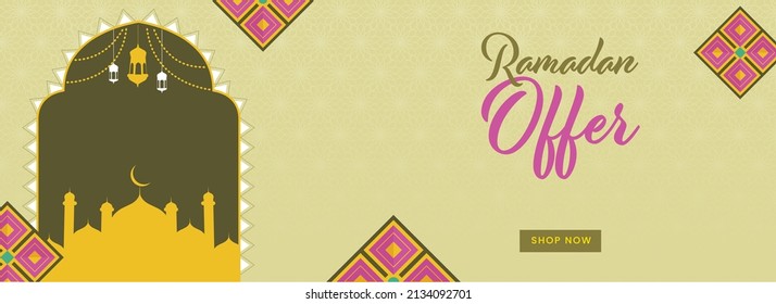 Ramadan Offer Banner Or Header Design With Silhouette Mosque, Lanterns Hang On Green Floral Pattern Background.