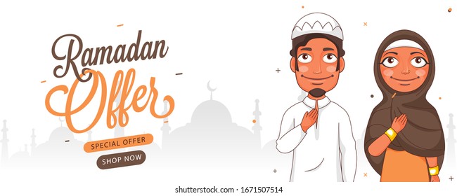 Ramadan Offer Header or Banner Design with Muslim Man and Woman in Salam or Aadab Pose on Mosque White Background.
