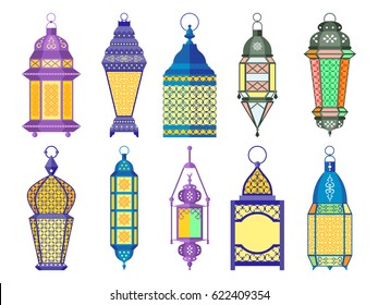 Ramadan old lamps and lanterns set of arabic style. Vector illustrations. Colored lantern for ramadan, light lantern decorative