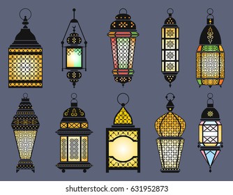 Ramadan old lanterns and lamps of arabic style. Vector illustration set