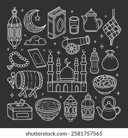 Ramadan outline doodle set vector illustration