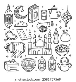 Ramadan outline doodle set vector illustration