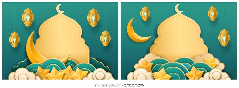 Cartazes de corte em papel do Ramadã. Cúpulas de mesquitas vetoriais, luas de crescente e lanternas brilhantes, nuvens e estrelas em estilo inspirado japonês. Dourado luminoso com motivos islâmicos tradicionais. Decoração festiva