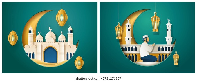 Cartaz estilo de corte de papel Ramadã. Cúpulas de mesquita vetorial e lua crescente, lanternas brilhantes e pessoas rezando. Motivos islâmicos tradicionais. Cartões comemorativos, elementos culturais e de design festivo para o Ramadã