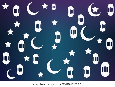  Ramadan pattern with floating crescent moons, stars, and lanterns on a deep blue background.