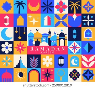 Ramadan pattern geometric icon. Modern collage with square frame and mosque building. Design retro round arch with moon artwork. Bauhaus mosaic. Islamic holiday. Vector abstract garish art background