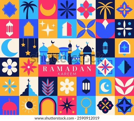 Ramadan pattern geometric icon. Modern collage with square frame and mosque building. Design retro round arch with moon artwork. Bauhaus mosaic. Islamic holiday. Vector abstract garish art background