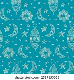 Ramadan pattern with Islamic lanterns, crescents, and stars on a turquoise background, designed in a traditional line art style. Vector illustration with doodle drawings