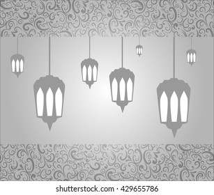 Ramadan  pattern silver with gray simple lanterns on the gray background.