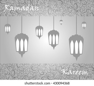 Ramadan  pattern silver with lanterns on the gray background.
