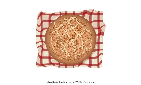 Ramadan Pita (Ramazan Pidesi). It's kind of bread. Traditional Turkish bread for month Ramadan. Pita on and red checkered tablecloth.