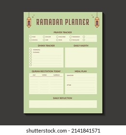 Ramadan Planner 1443 - 2022 with islamic decoration vector. Ramadan meal planner, salah tracker, Quran Recitation, and experience tracker journal template. Fasting and Ramadan activity tracker