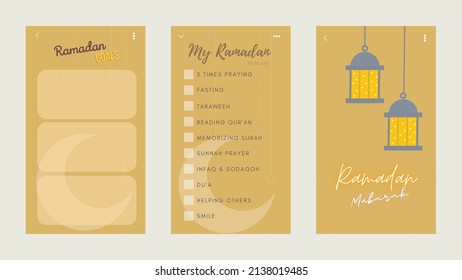 Ramadan planner, Ramadan Mubarak digital card, to do list and goals for mobile application template, with golden color and broken white background color.