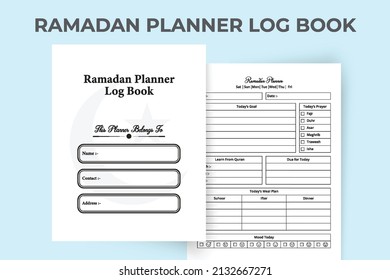 Ramadan planner template interior. Ramadan activity and fasting experience tracker. Interior of a notebook. Ramadan meal planner and activity tracker journal template.